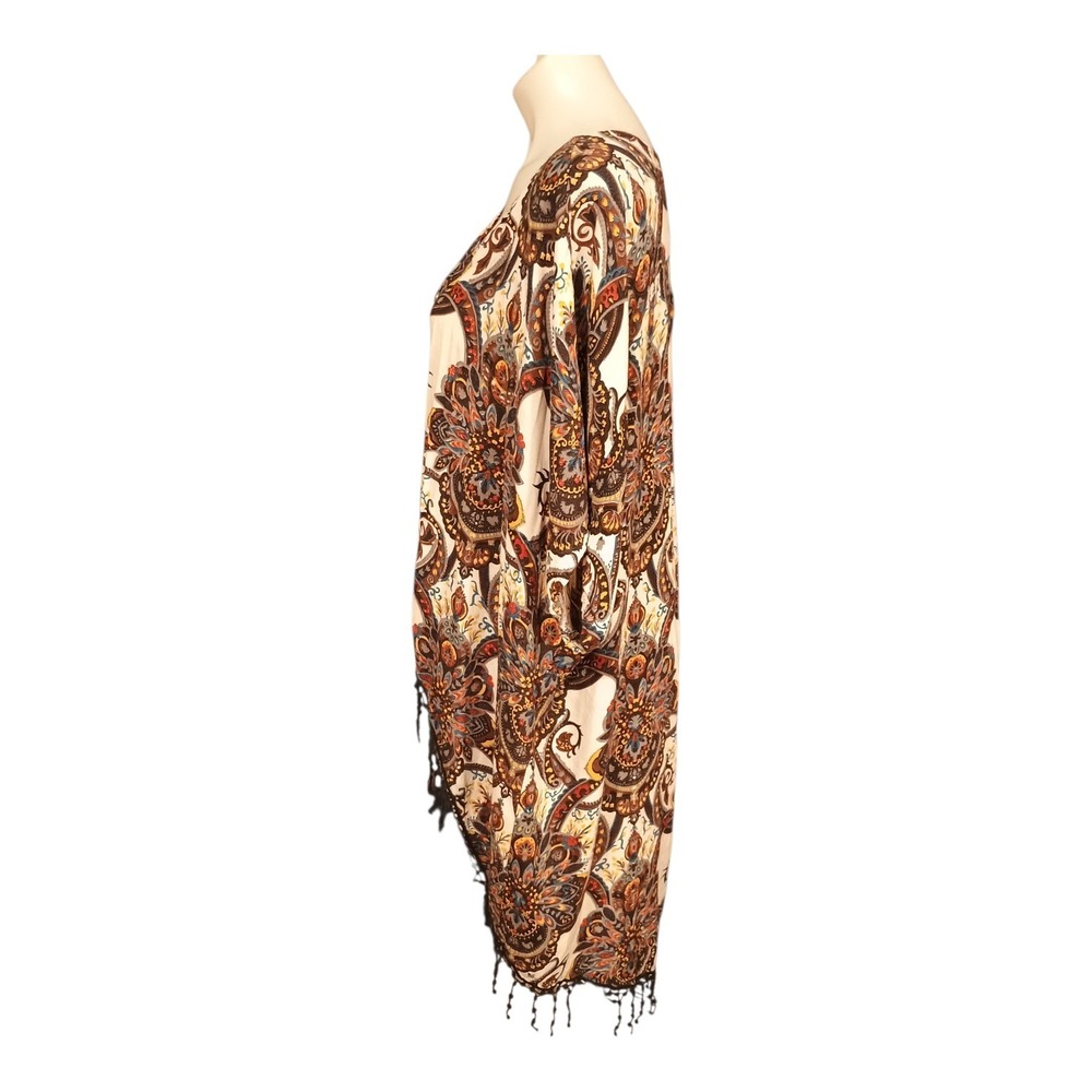 Lola P Woman Boho Paisley Print Front Kimono Duster Longline Fringe Plus Size 2X - Picture 3 of 7
